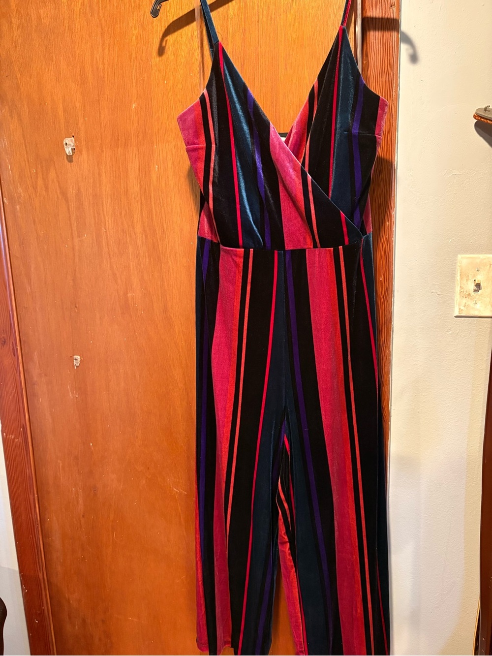 Speechless Velvet Jumpsuit in Black, Red & Purple Stripe
